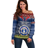 Personalised Northern Mariana Islands Christmas Off Shoulder Sweater Coat of Arms and Map Beautiful Merry Xmas Snowflake LT03 Women Blue - Polynesian Pride
