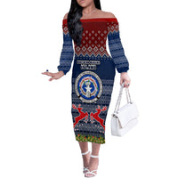 Personalised Northern Mariana Islands Christmas Off The Shoulder Long Sleeve Dress Coat of Arms and Map Beautiful Merry Xmas Snowflake LT03 Women Blue - Polynesian Pride