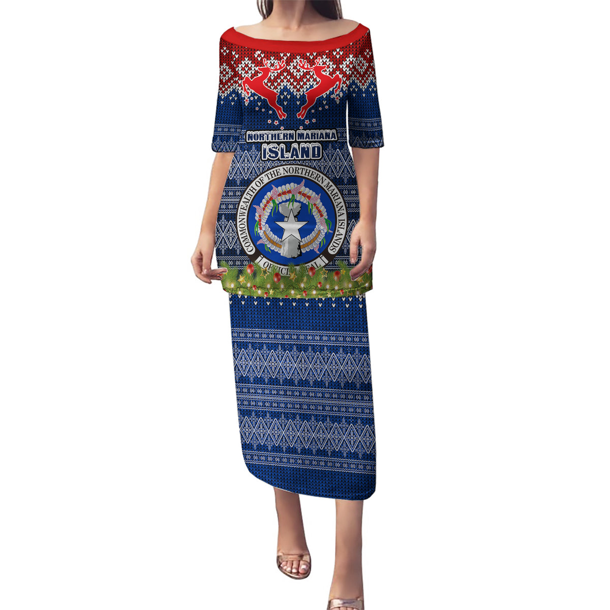 Personalised Northern Mariana Islands Christmas Puletasi Coat of Arms and Map Beautiful Merry Xmas Snowflake LT03 Long Dress Blue - Polynesian Pride