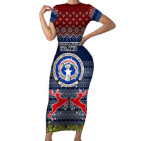Personalised Northern Mariana Islands Christmas Short Sleeve Bodycon Dress Coat of Arms and Map Beautiful Merry Xmas Snowflake LT03 Long Dress Blue - Polynesian Pride