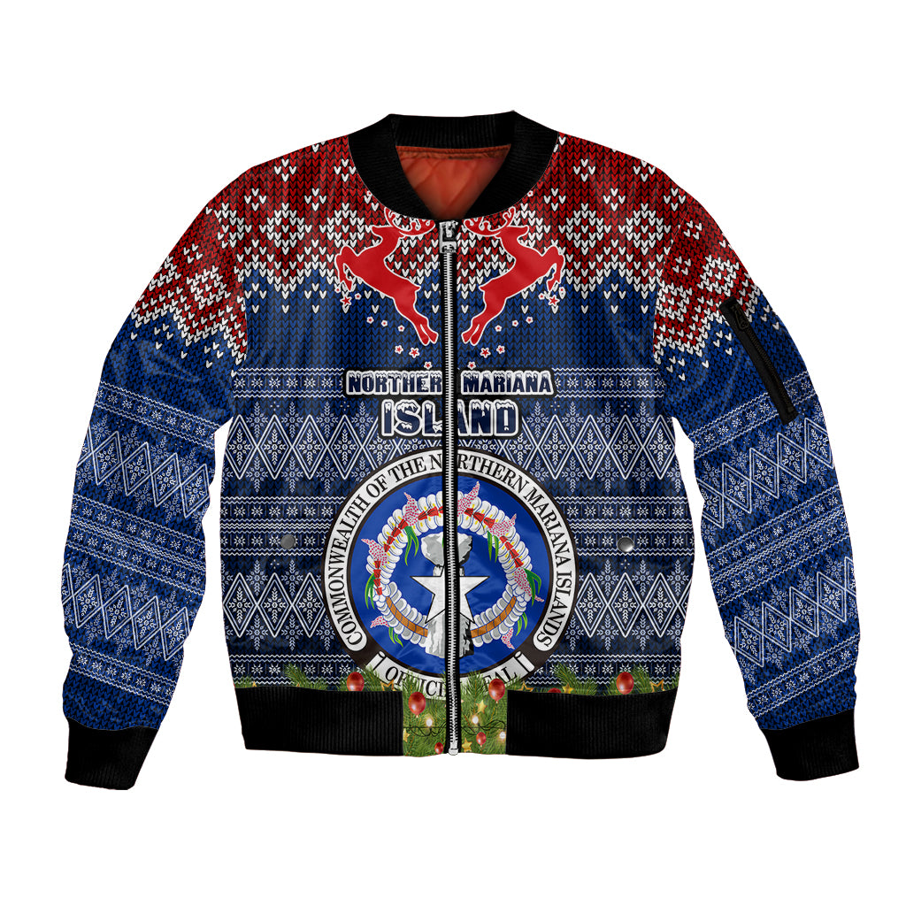 Personalised Northern Mariana Islands Christmas Sleeve Zip Bomber Jacket Coat of Arms and Map Beautiful Merry Xmas Snowflake LT03 Unisex Blue - Polynesian Pride