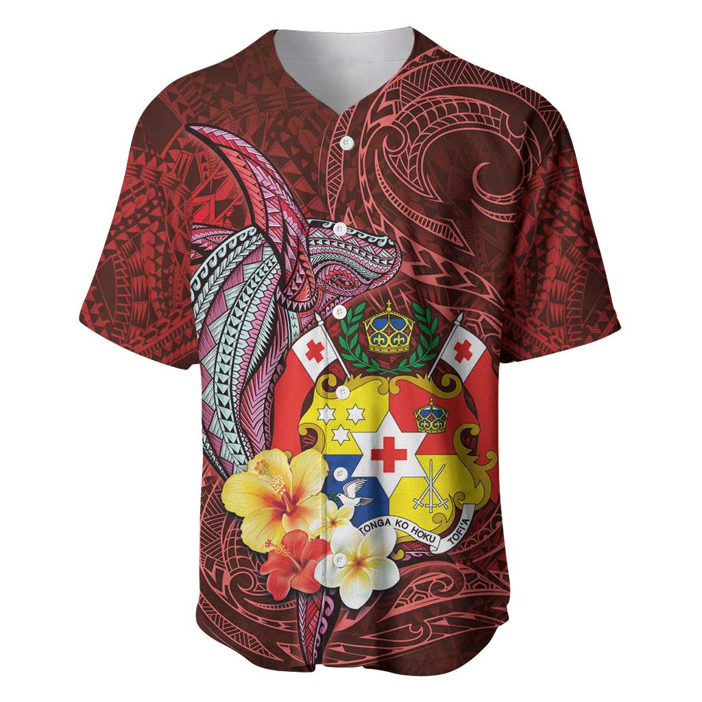 Tonga Humpback Whale Baseball Jersey National Seal with Hibiscus and Polynesian Tattoo LT03 Red - Polynesian Pride