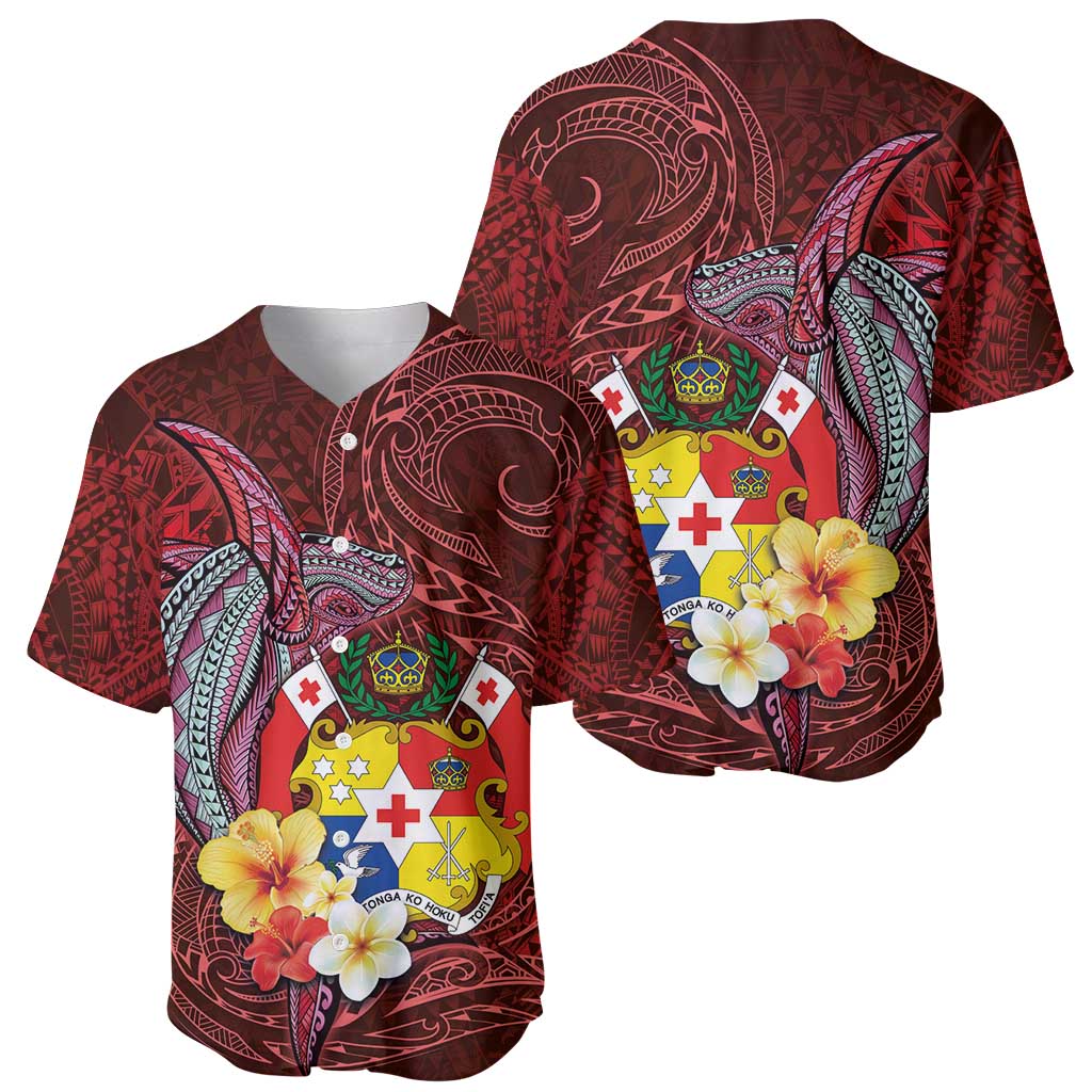 Tonga Humpback Whale Baseball Jersey National Seal with Hibiscus and Polynesian Tattoo LT03 - Polynesian Pride