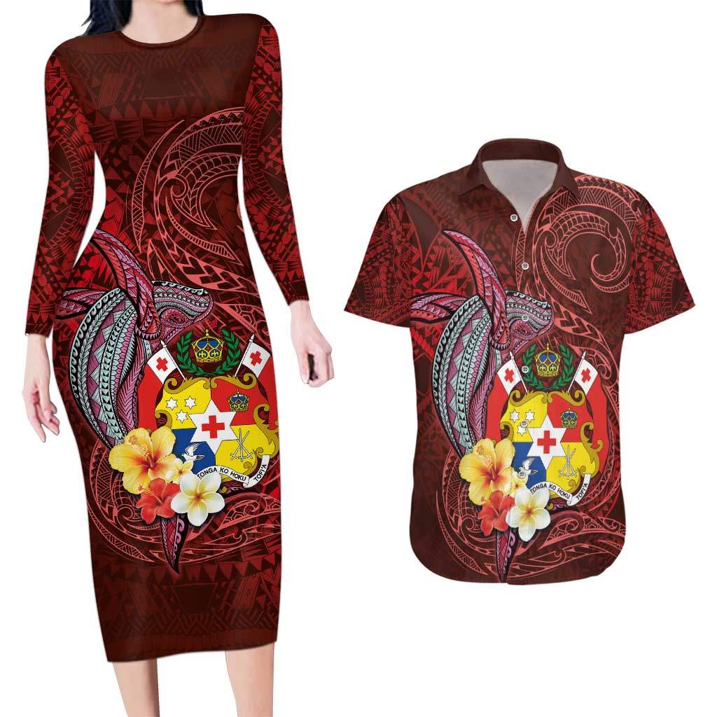 Tonga Humpback Whale Couples Matching Long Sleeve Bodycon Dress and Hawaiian Shirt National Seal with Hibiscus and Polynesian Tattoo LT03 Red - Polynesian Pride