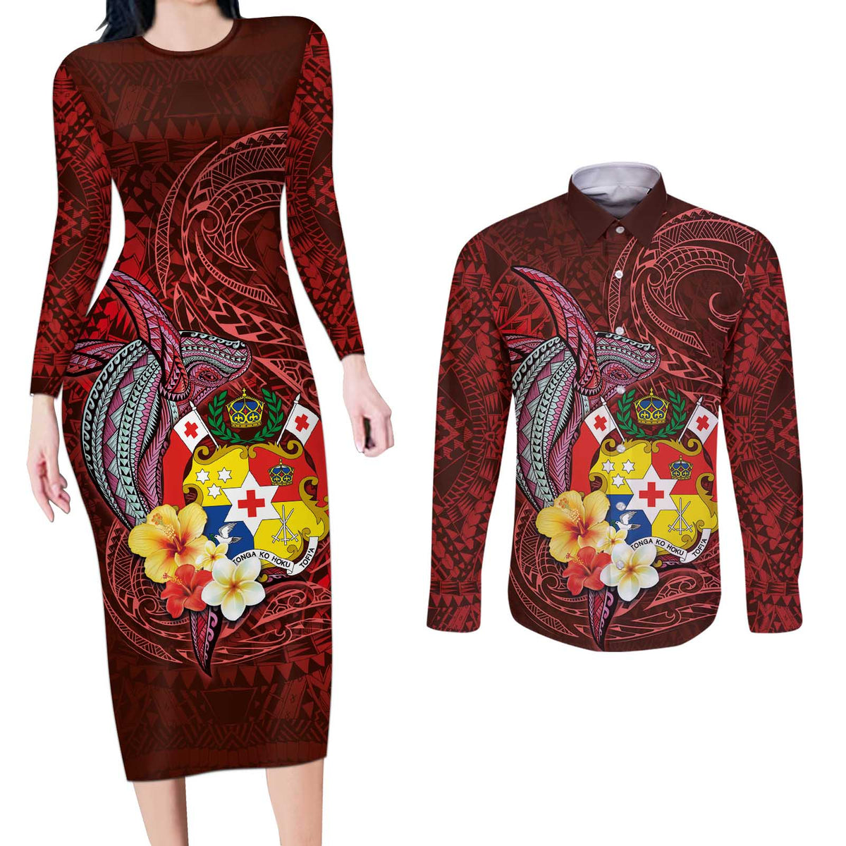 Tonga Humpback Whale Couples Matching Long Sleeve Bodycon Dress and Long Sleeve Button Shirt National Seal with Hibiscus and Polynesian Tattoo LT03 Red - Polynesian Pride