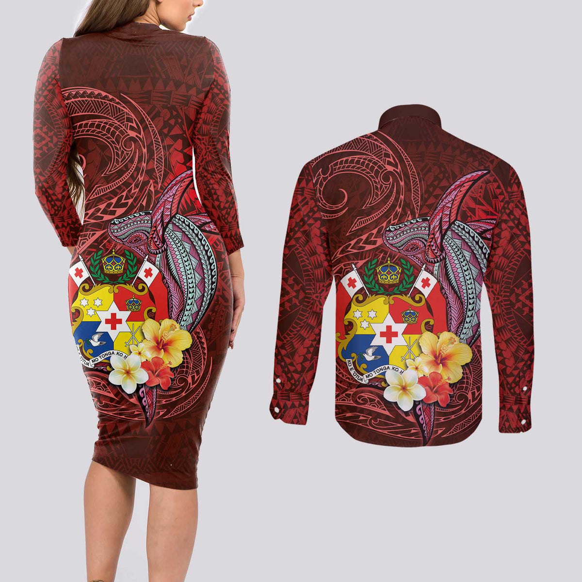 Tonga Humpback Whale Couples Matching Long Sleeve Bodycon Dress and Long Sleeve Button Shirt National Seal with Hibiscus and Polynesian Tattoo LT03 - Polynesian Pride