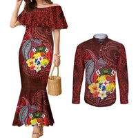 Tonga Humpback Whale Couples Matching Mermaid Dress and Long Sleeve Button Shirt National Seal with Hibiscus and Polynesian Tattoo LT03 Red - Polynesian Pride