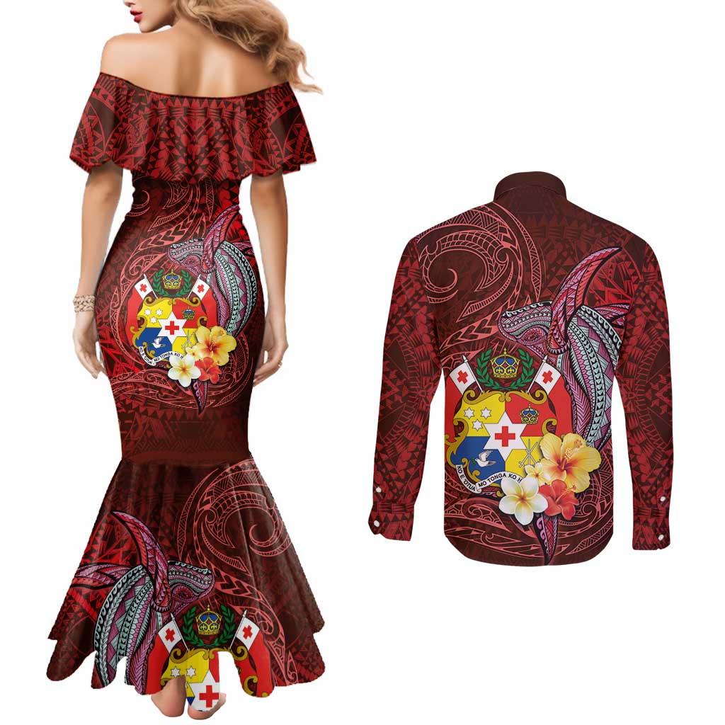 Tonga Humpback Whale Couples Matching Mermaid Dress and Long Sleeve Button Shirt National Seal with Hibiscus and Polynesian Tattoo LT03 - Polynesian Pride