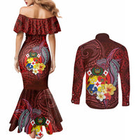 Tonga Humpback Whale Couples Matching Mermaid Dress and Long Sleeve Button Shirt National Seal with Hibiscus and Polynesian Tattoo LT03 - Polynesian Pride