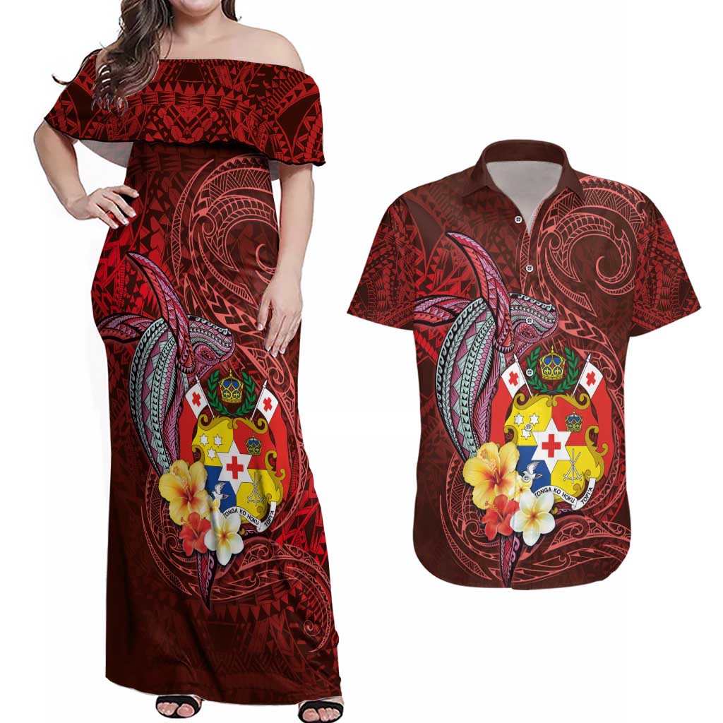Tonga Humpback Whale Couples Matching Off Shoulder Maxi Dress and Hawaiian Shirt National Seal with Hibiscus and Polynesian Tattoo LT03 Red - Polynesian Pride