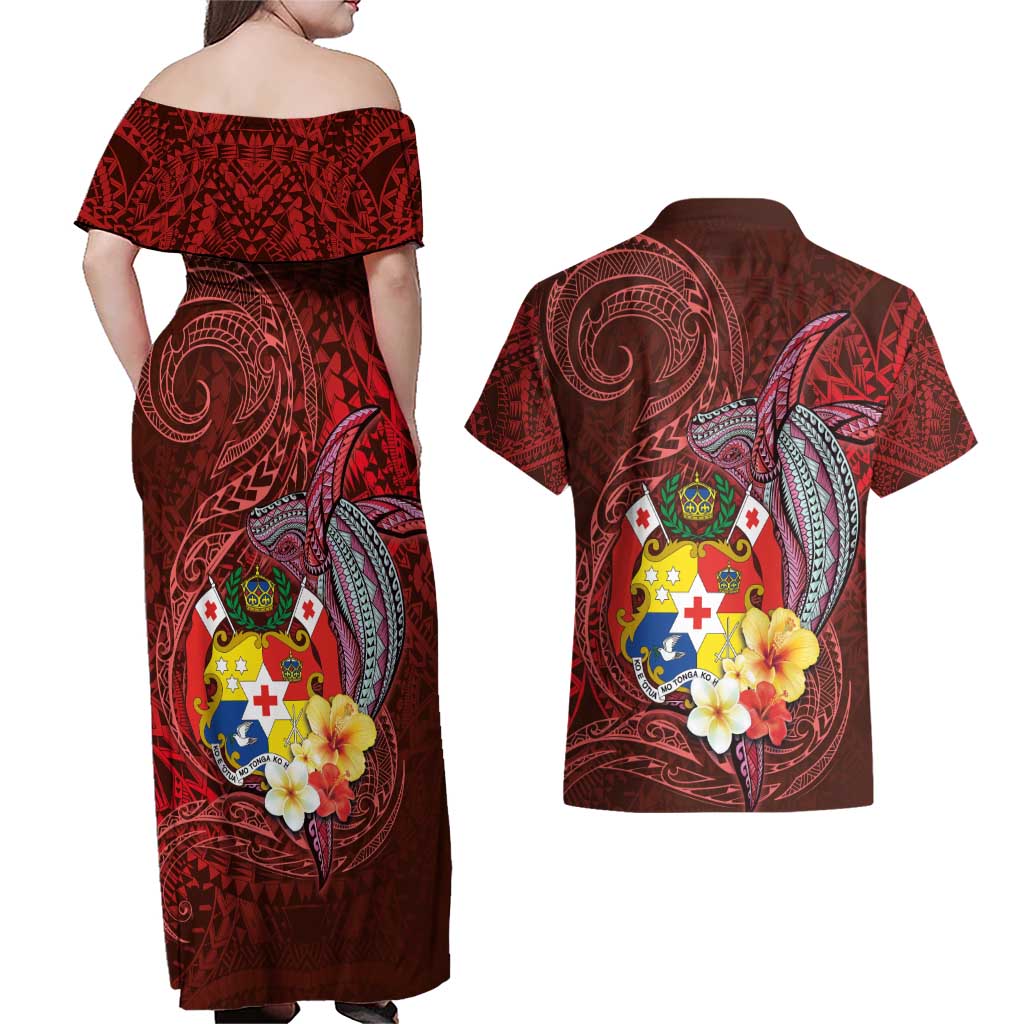 Tonga Humpback Whale Couples Matching Off Shoulder Maxi Dress and Hawaiian Shirt National Seal with Hibiscus and Polynesian Tattoo LT03 - Polynesian Pride
