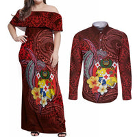 Tonga Humpback Whale Couples Matching Off Shoulder Maxi Dress and Long Sleeve Button Shirt National Seal with Hibiscus and Polynesian Tattoo LT03 Red - Polynesian Pride