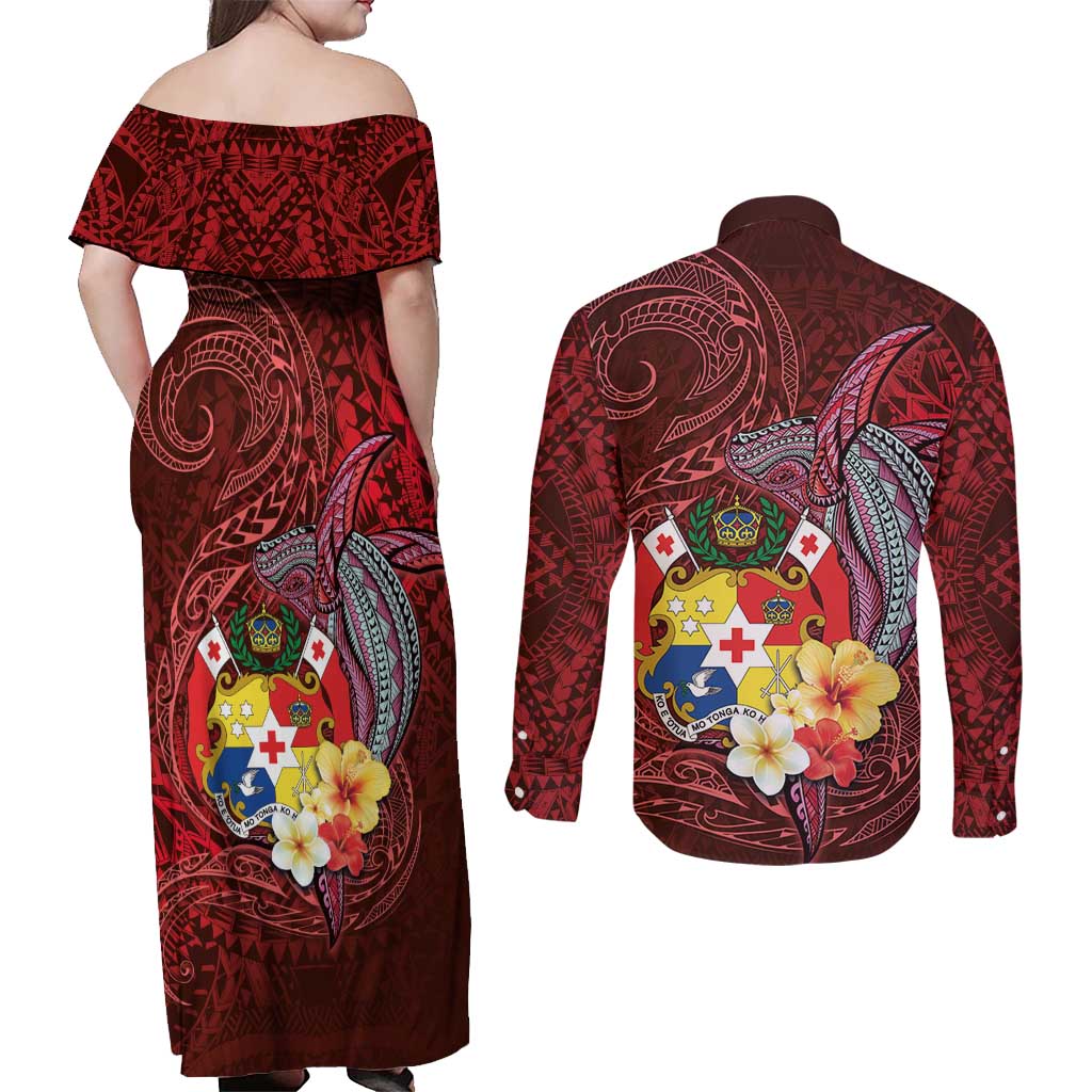 Tonga Humpback Whale Couples Matching Off Shoulder Maxi Dress and Long Sleeve Button Shirt National Seal with Hibiscus and Polynesian Tattoo LT03 - Polynesian Pride