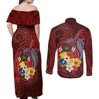 Tonga Humpback Whale Couples Matching Off Shoulder Maxi Dress and Long Sleeve Button Shirt National Seal with Hibiscus and Polynesian Tattoo LT03 - Polynesian Pride