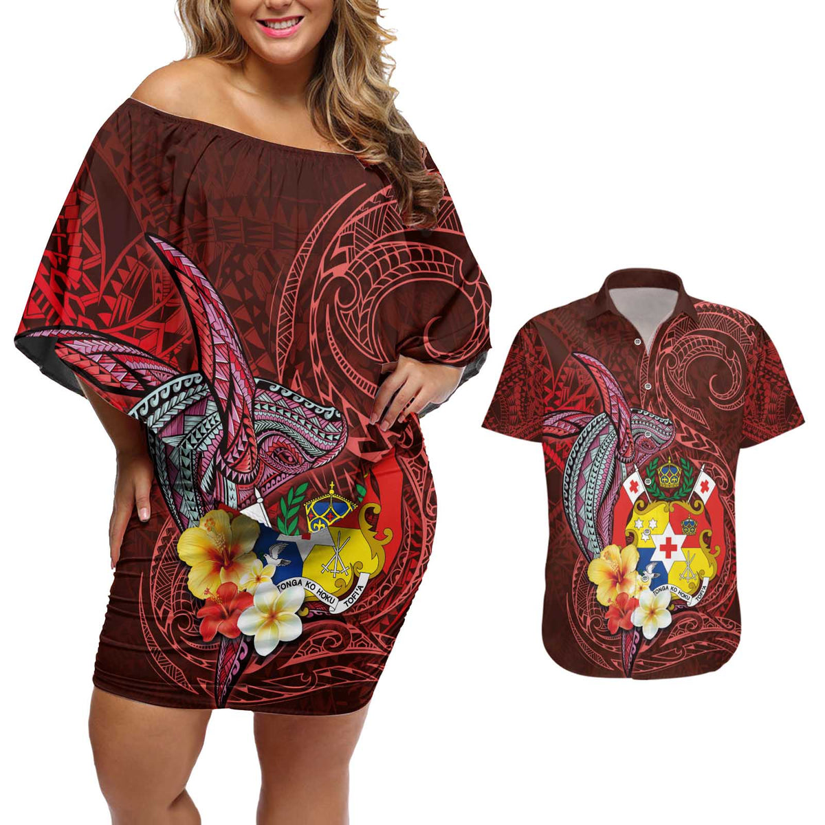 Tonga Humpback Whale Couples Matching Off Shoulder Short Dress and Hawaiian Shirt National Seal with Hibiscus and Polynesian Tattoo LT03 Red - Polynesian Pride