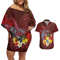 Tonga Humpback Whale Couples Matching Off Shoulder Short Dress and Hawaiian Shirt National Seal with Hibiscus and Polynesian Tattoo LT03 Red - Polynesian Pride