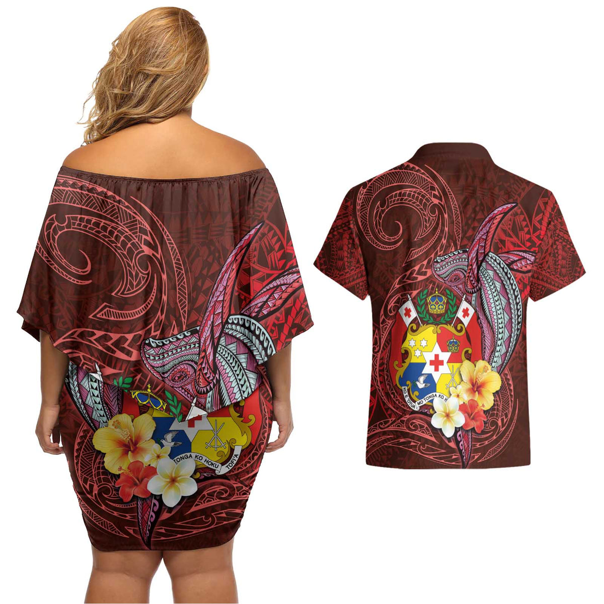 Tonga Humpback Whale Couples Matching Off Shoulder Short Dress and Hawaiian Shirt National Seal with Hibiscus and Polynesian Tattoo LT03 - Polynesian Pride