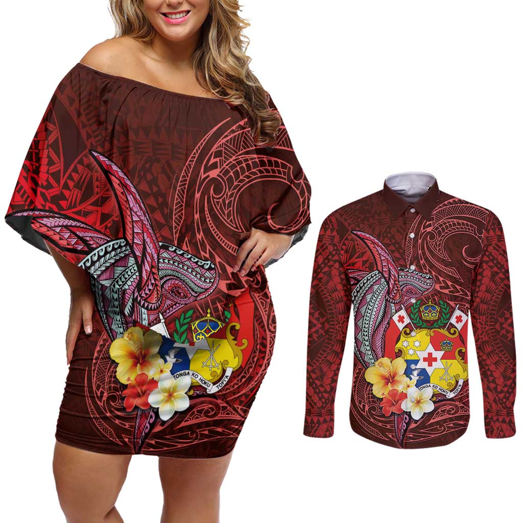 Tonga Humpback Whale Couples Matching Off Shoulder Short Dress and Long Sleeve Button Shirt National Seal with Hibiscus and Polynesian Tattoo LT03 Red - Polynesian Pride