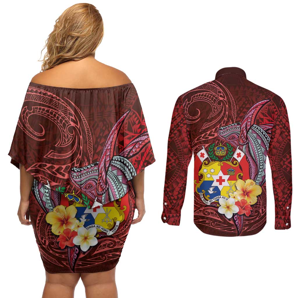 Tonga Humpback Whale Couples Matching Off Shoulder Short Dress and Long Sleeve Button Shirt National Seal with Hibiscus and Polynesian Tattoo LT03 - Polynesian Pride