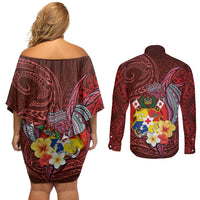 Tonga Humpback Whale Couples Matching Off Shoulder Short Dress and Long Sleeve Button Shirt National Seal with Hibiscus and Polynesian Tattoo LT03 - Polynesian Pride