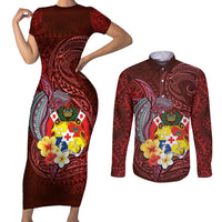 Tonga Humpback Whale Couples Matching Short Sleeve Bodycon Dress and Long Sleeve Button Shirt National Seal with Hibiscus and Polynesian Tattoo LT03 Red - Polynesian Pride