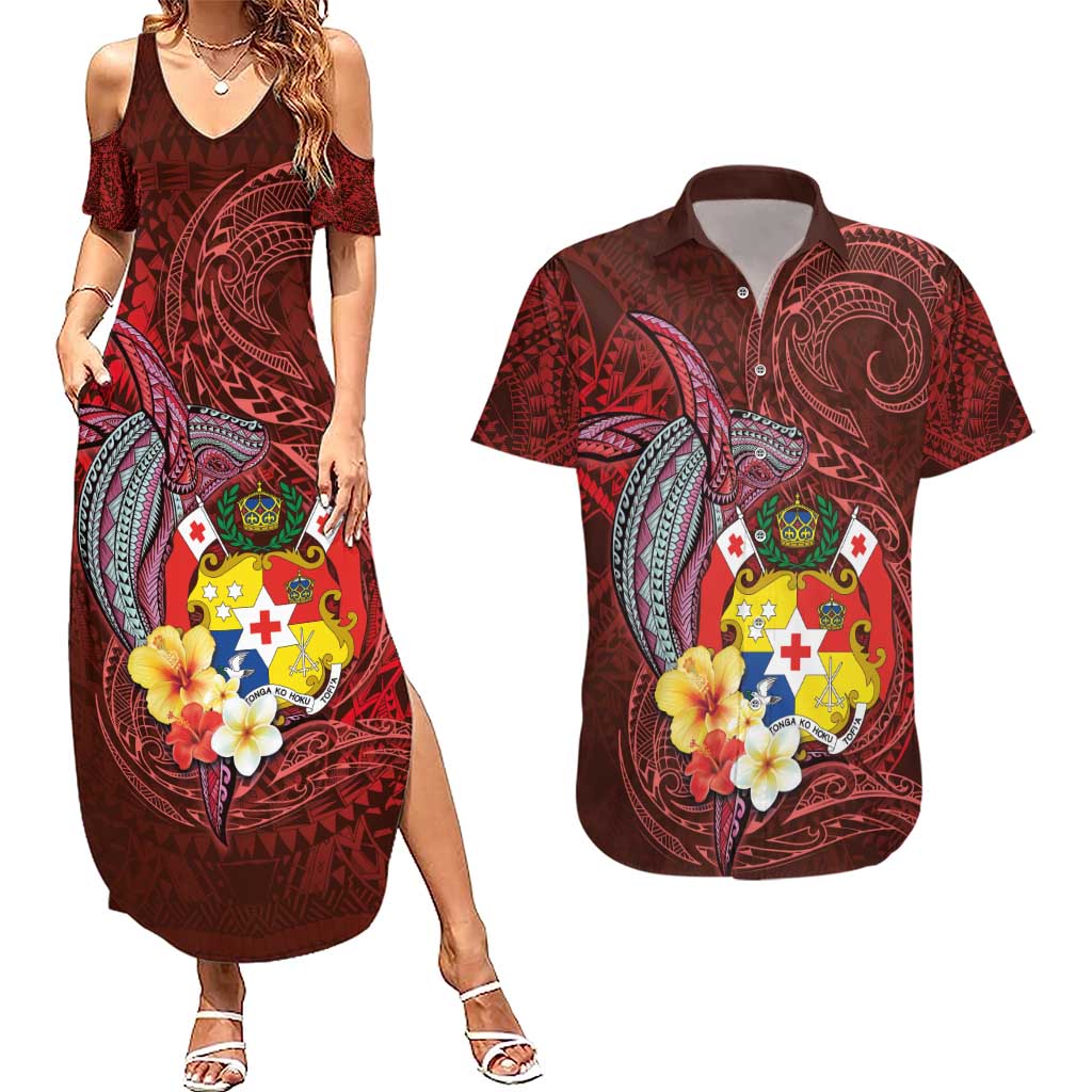 Tonga Humpback Whale Couples Matching Summer Maxi Dress and Hawaiian Shirt National Seal with Hibiscus and Polynesian Tattoo LT03 Red - Polynesian Pride
