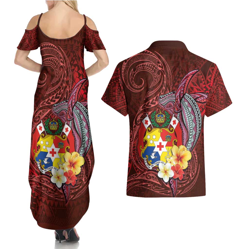 Tonga Humpback Whale Couples Matching Summer Maxi Dress and Hawaiian Shirt National Seal with Hibiscus and Polynesian Tattoo LT03 - Polynesian Pride