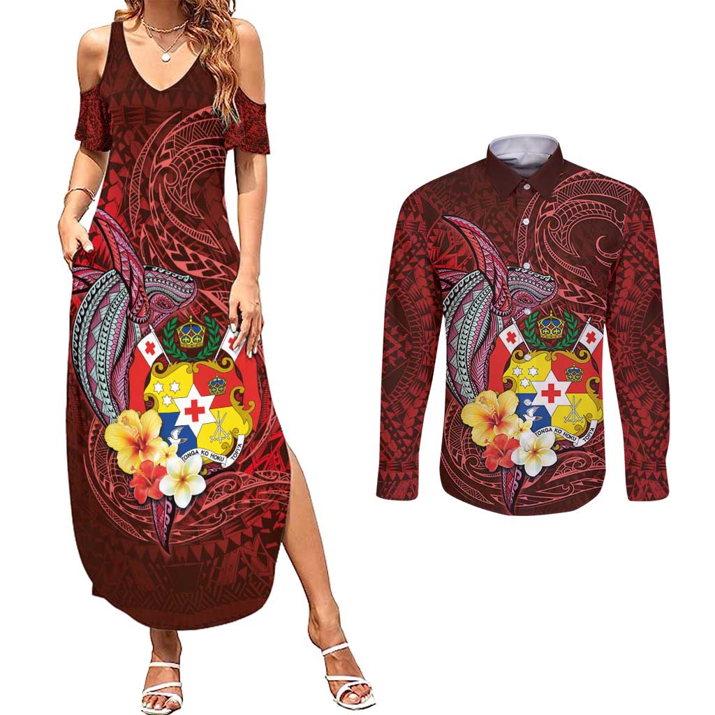 Tonga Humpback Whale Couples Matching Summer Maxi Dress and Long Sleeve Button Shirt National Seal with Hibiscus and Polynesian Tattoo LT03 Red - Polynesian Pride