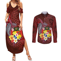Tonga Humpback Whale Couples Matching Summer Maxi Dress and Long Sleeve Button Shirt National Seal with Hibiscus and Polynesian Tattoo LT03 Red - Polynesian Pride