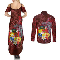 Tonga Humpback Whale Couples Matching Summer Maxi Dress and Long Sleeve Button Shirt National Seal with Hibiscus and Polynesian Tattoo LT03 - Polynesian Pride