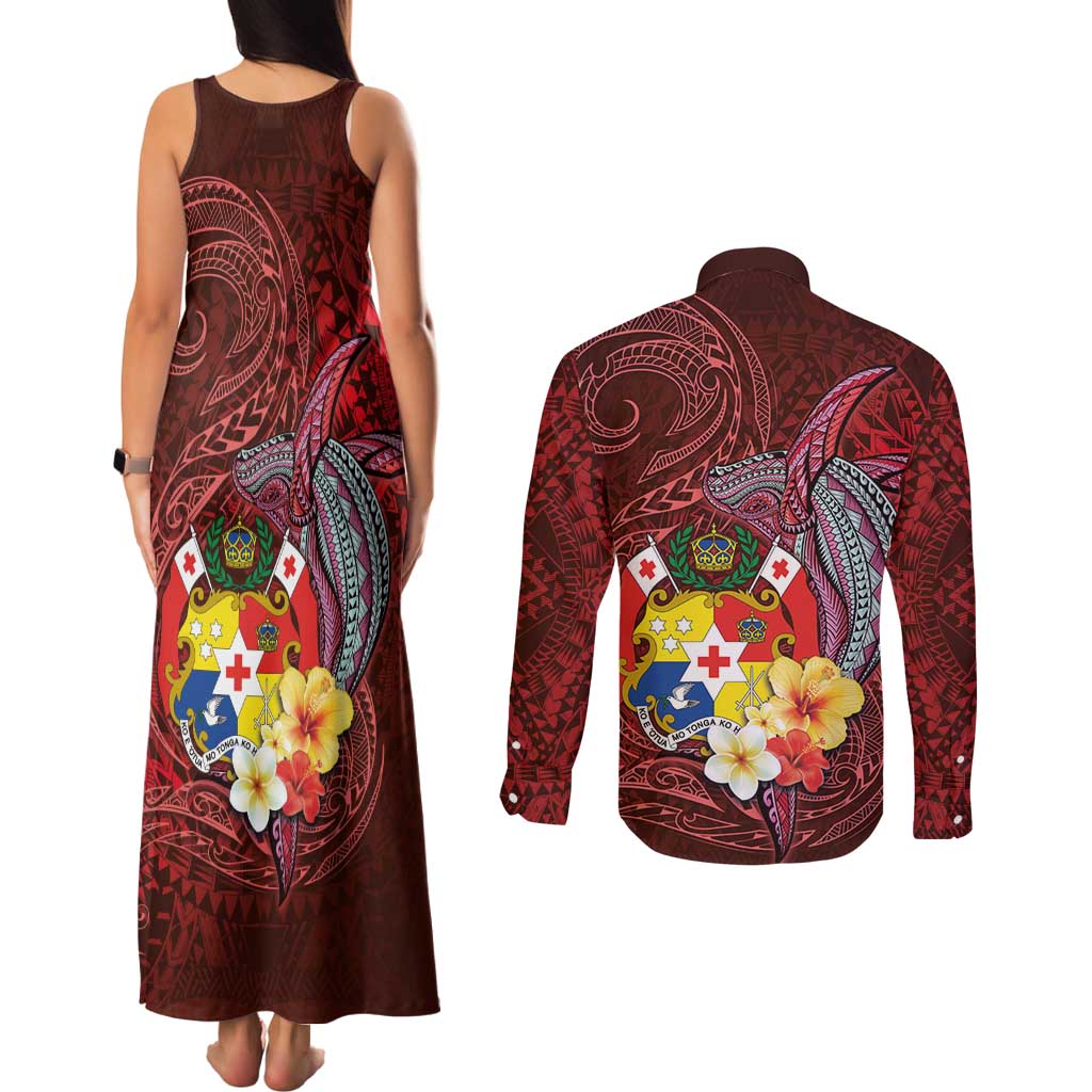 Tonga Humpback Whale Couples Matching Tank Maxi Dress and Long Sleeve Button Shirt National Seal with Hibiscus and Polynesian Tattoo LT03 - Polynesian Pride