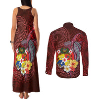 Tonga Humpback Whale Couples Matching Tank Maxi Dress and Long Sleeve Button Shirt National Seal with Hibiscus and Polynesian Tattoo LT03 - Polynesian Pride
