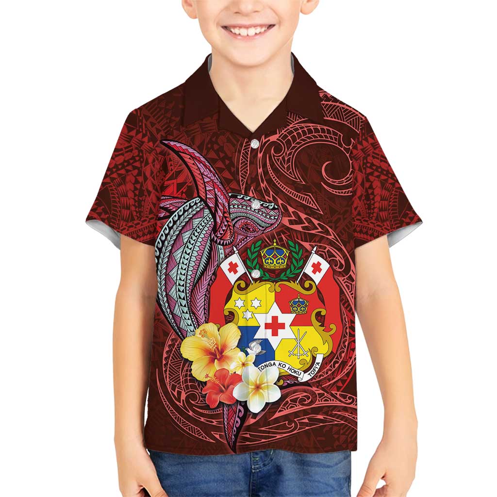 Tonga Humpback Whale Family Matching Long Sleeve Bodycon Dress and Hawaiian Shirt National Seal with Hibiscus and Polynesian Tattoo LT03 Son's Shirt Red - Polynesian Pride