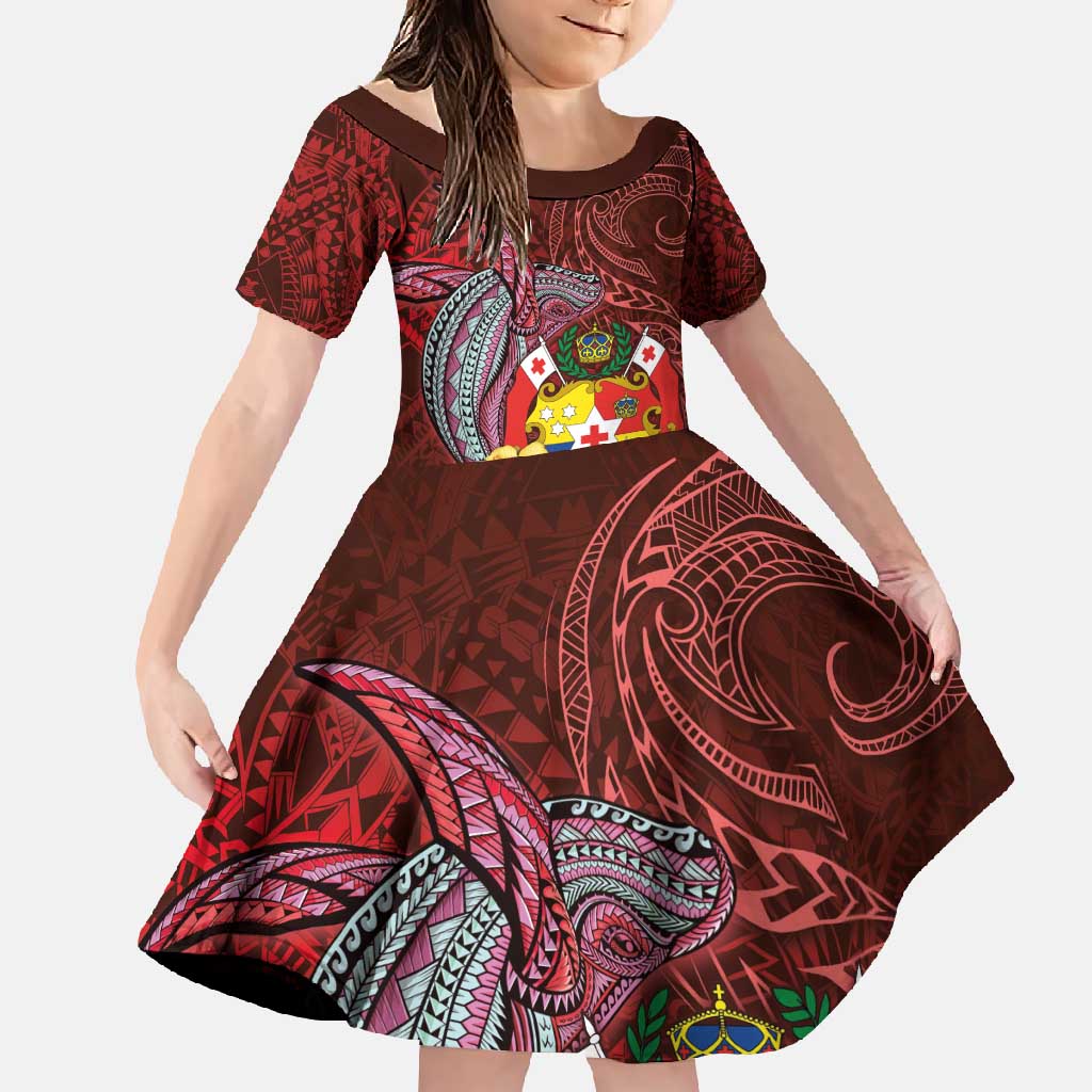 Tonga Humpback Whale Family Matching Mermaid Dress and Hawaiian Shirt National Seal with Hibiscus and Polynesian Tattoo LT03 Daughter's Dress Red - Polynesian Pride