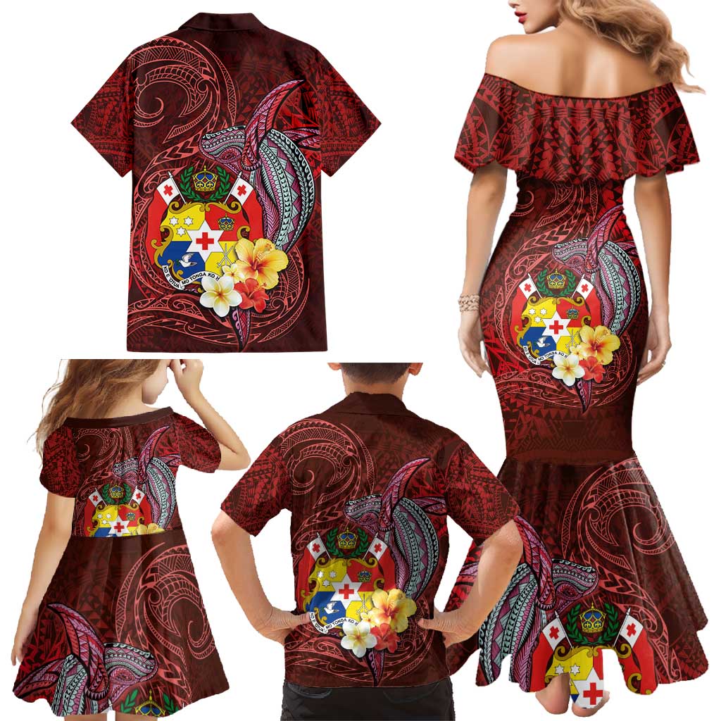 Tonga Humpback Whale Family Matching Mermaid Dress and Hawaiian Shirt National Seal with Hibiscus and Polynesian Tattoo LT03 - Polynesian Pride