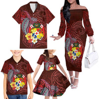Tonga Humpback Whale Family Matching Off The Shoulder Long Sleeve Dress and Hawaiian Shirt National Seal with Hibiscus and Polynesian Tattoo LT03 - Polynesian Pride