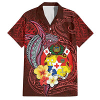 Tonga Humpback Whale Family Matching Off The Shoulder Long Sleeve Dress and Hawaiian Shirt National Seal with Hibiscus and Polynesian Tattoo LT03 Dad's Shirt - Short Sleeve Red - Polynesian Pride