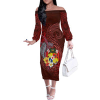 Tonga Humpback Whale Family Matching Off The Shoulder Long Sleeve Dress and Hawaiian Shirt National Seal with Hibiscus and Polynesian Tattoo LT03 Mom's Dress Red - Polynesian Pride