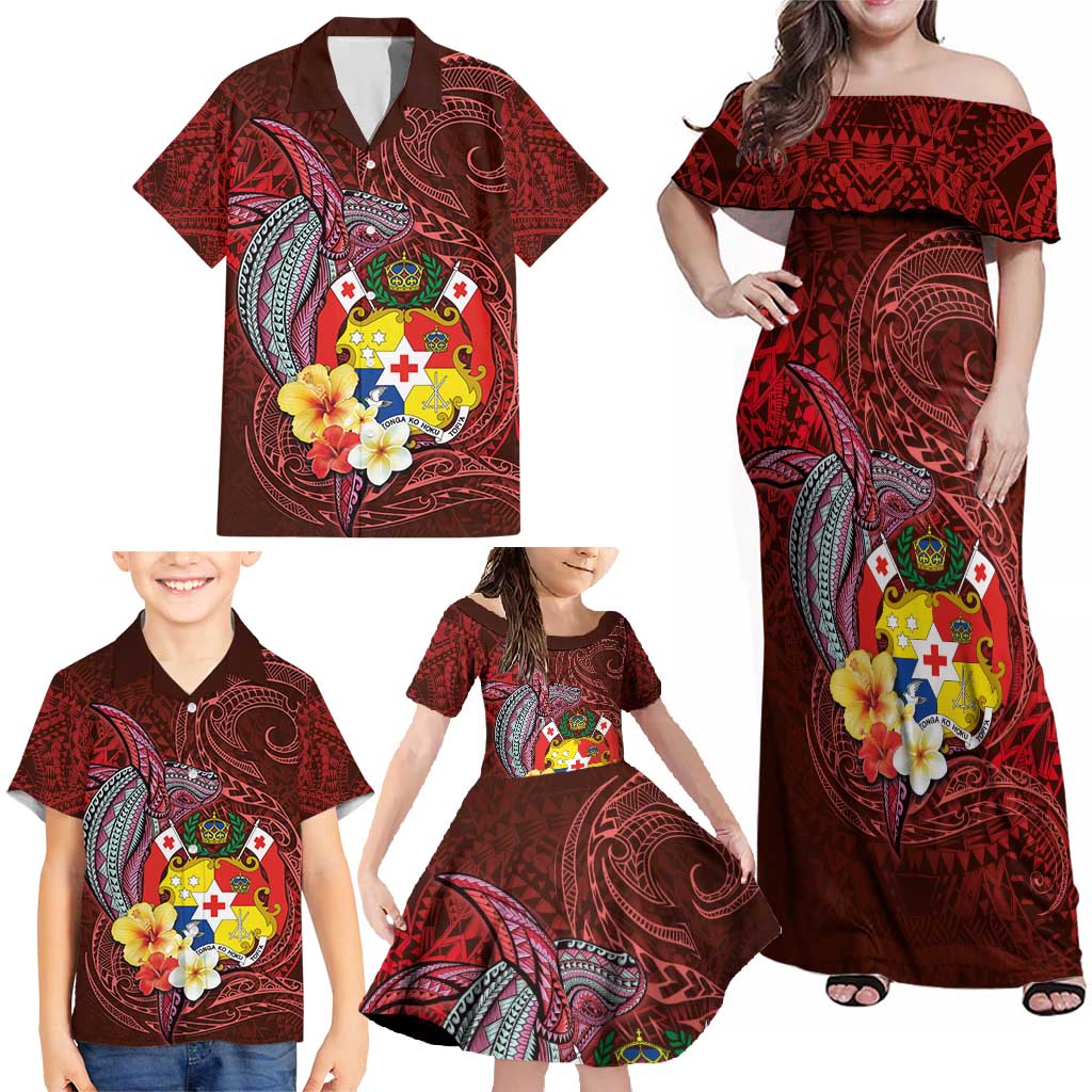 Tonga Humpback Whale Family Matching Off Shoulder Maxi Dress and Hawaiian Shirt National Seal with Hibiscus and Polynesian Tattoo LT03 - Polynesian Pride