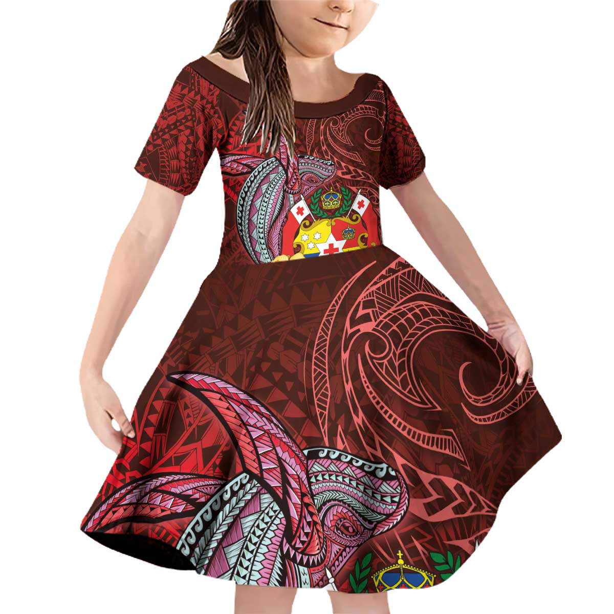 Tonga Humpback Whale Family Matching Off Shoulder Short Dress and Hawaiian Shirt National Seal with Hibiscus and Polynesian Tattoo LT03 Daughter's Dress Red - Polynesian Pride
