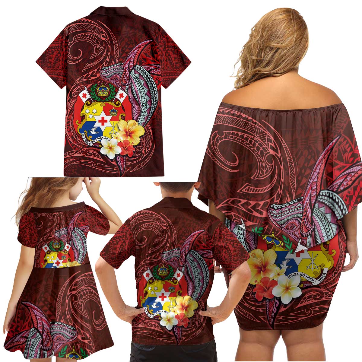 Tonga Humpback Whale Family Matching Off Shoulder Short Dress and Hawaiian Shirt National Seal with Hibiscus and Polynesian Tattoo LT03 - Polynesian Pride