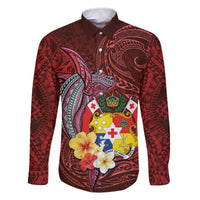 Tonga Humpback Whale Family Matching Off Shoulder Short Dress and Hawaiian Shirt National Seal with Hibiscus and Polynesian Tattoo LT03 Dad's Shirt - Long Sleeve Red - Polynesian Pride