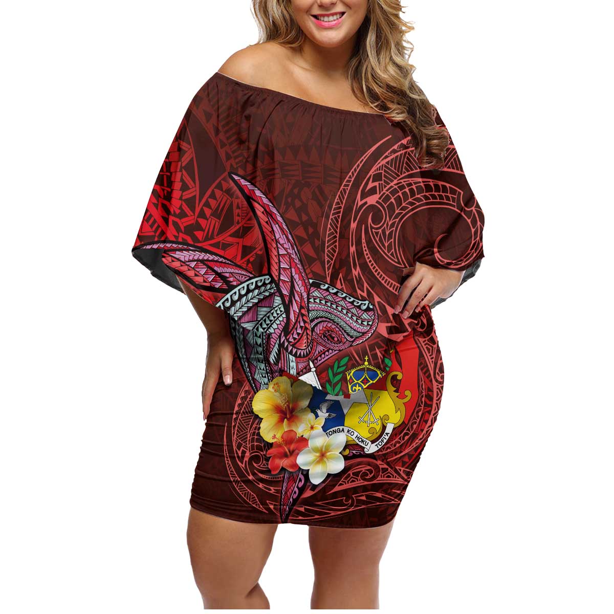 Tonga Humpback Whale Family Matching Off Shoulder Short Dress and Hawaiian Shirt National Seal with Hibiscus and Polynesian Tattoo LT03 Mom's Dress Red - Polynesian Pride