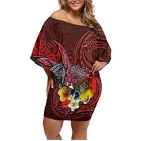 Tonga Humpback Whale Family Matching Off Shoulder Short Dress and Hawaiian Shirt National Seal with Hibiscus and Polynesian Tattoo LT03 Mom's Dress Red - Polynesian Pride
