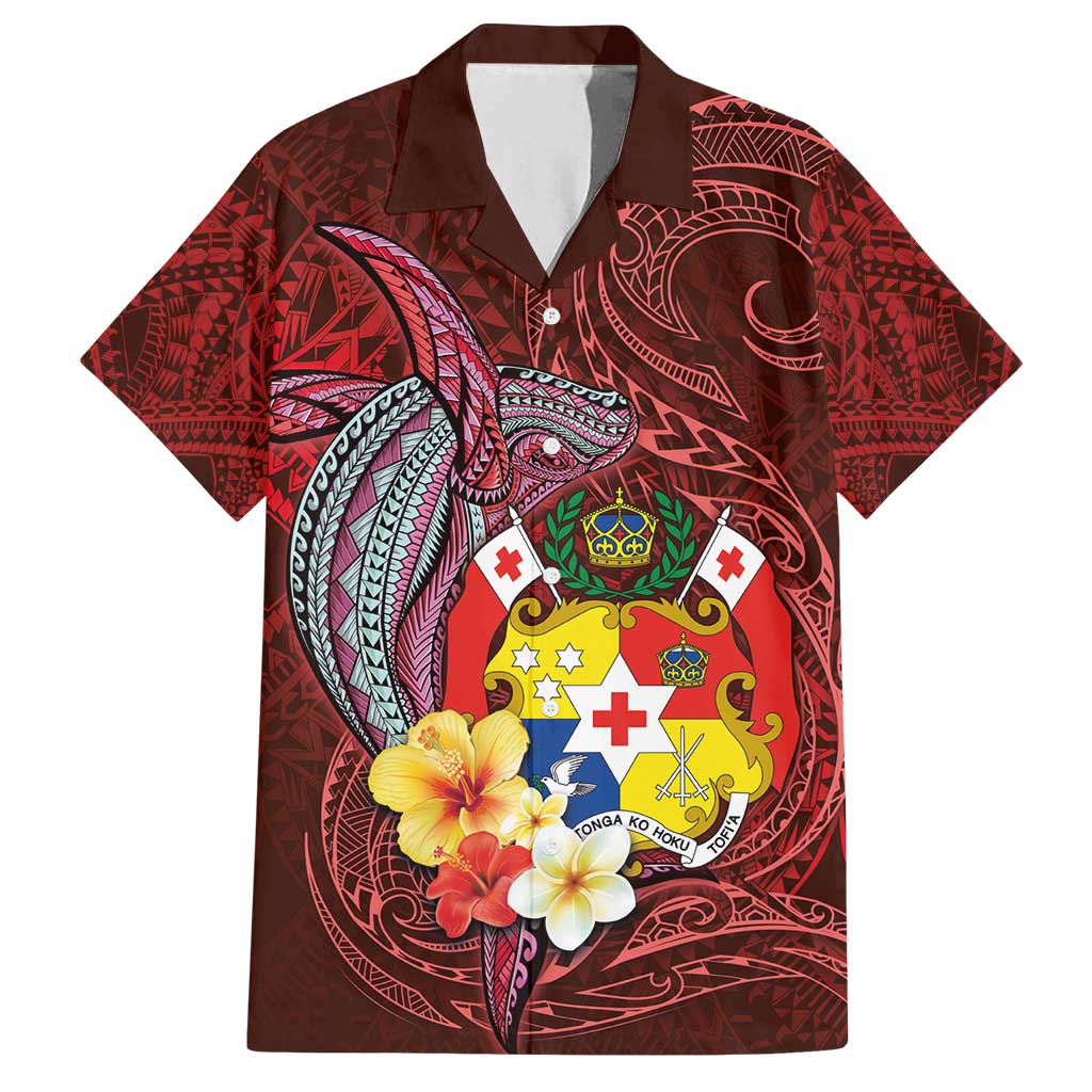 Tonga Humpback Whale Family Matching Puletasi and Hawaiian Shirt National Seal with Hibiscus and Polynesian Tattoo LT03 Dad's Shirt - Short Sleeve Red - Polynesian Pride