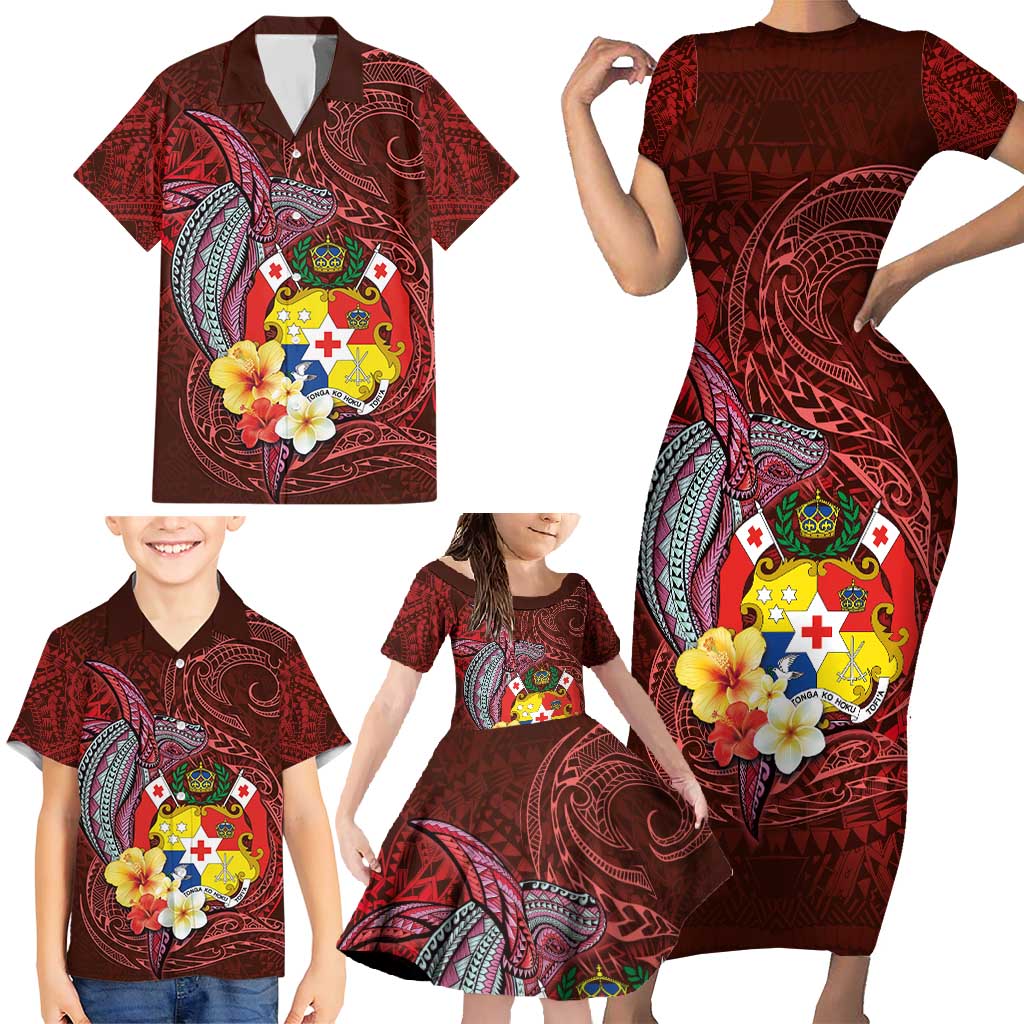 Tonga Humpback Whale Family Matching Short Sleeve Bodycon Dress and Hawaiian Shirt National Seal with Hibiscus and Polynesian Tattoo LT03 - Polynesian Pride