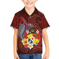 Tonga Humpback Whale Family Matching Short Sleeve Bodycon Dress and Hawaiian Shirt National Seal with Hibiscus and Polynesian Tattoo LT03 Son's Shirt Red - Polynesian Pride