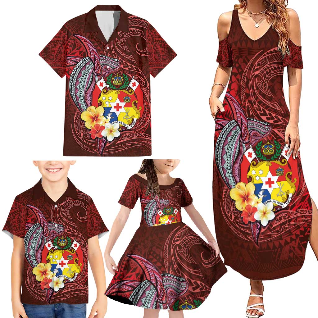 Tonga Humpback Whale Family Matching Summer Maxi Dress and Hawaiian Shirt National Seal with Hibiscus and Polynesian Tattoo LT03 - Polynesian Pride