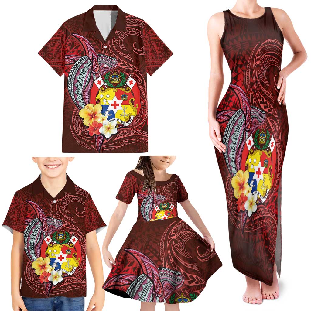 Tonga Humpback Whale Family Matching Tank Maxi Dress and Hawaiian Shirt National Seal with Hibiscus and Polynesian Tattoo LT03 - Polynesian Pride