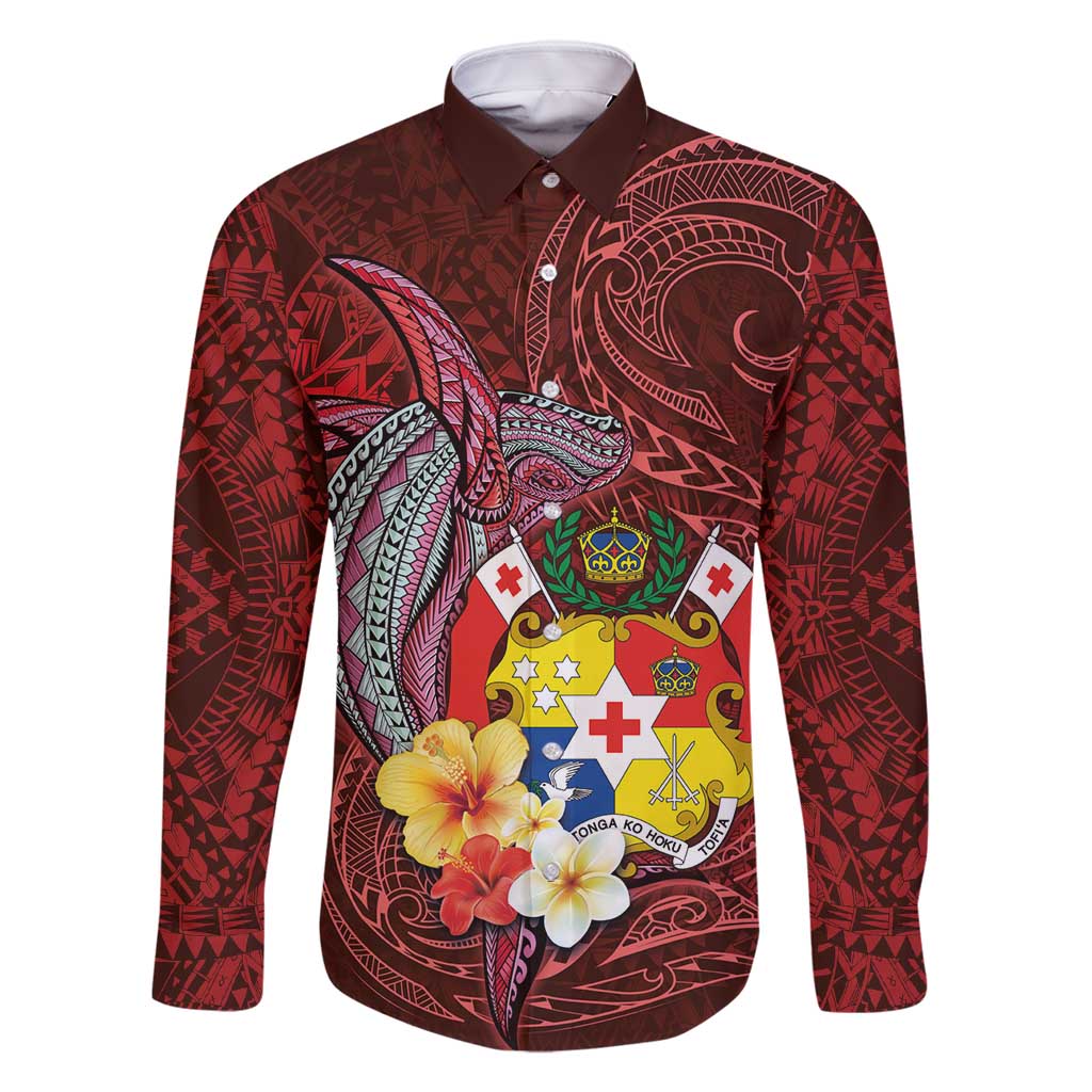Tonga Humpback Whale Family Matching Tank Maxi Dress and Hawaiian Shirt National Seal with Hibiscus and Polynesian Tattoo LT03 Dad's Shirt - Long Sleeve Red - Polynesian Pride